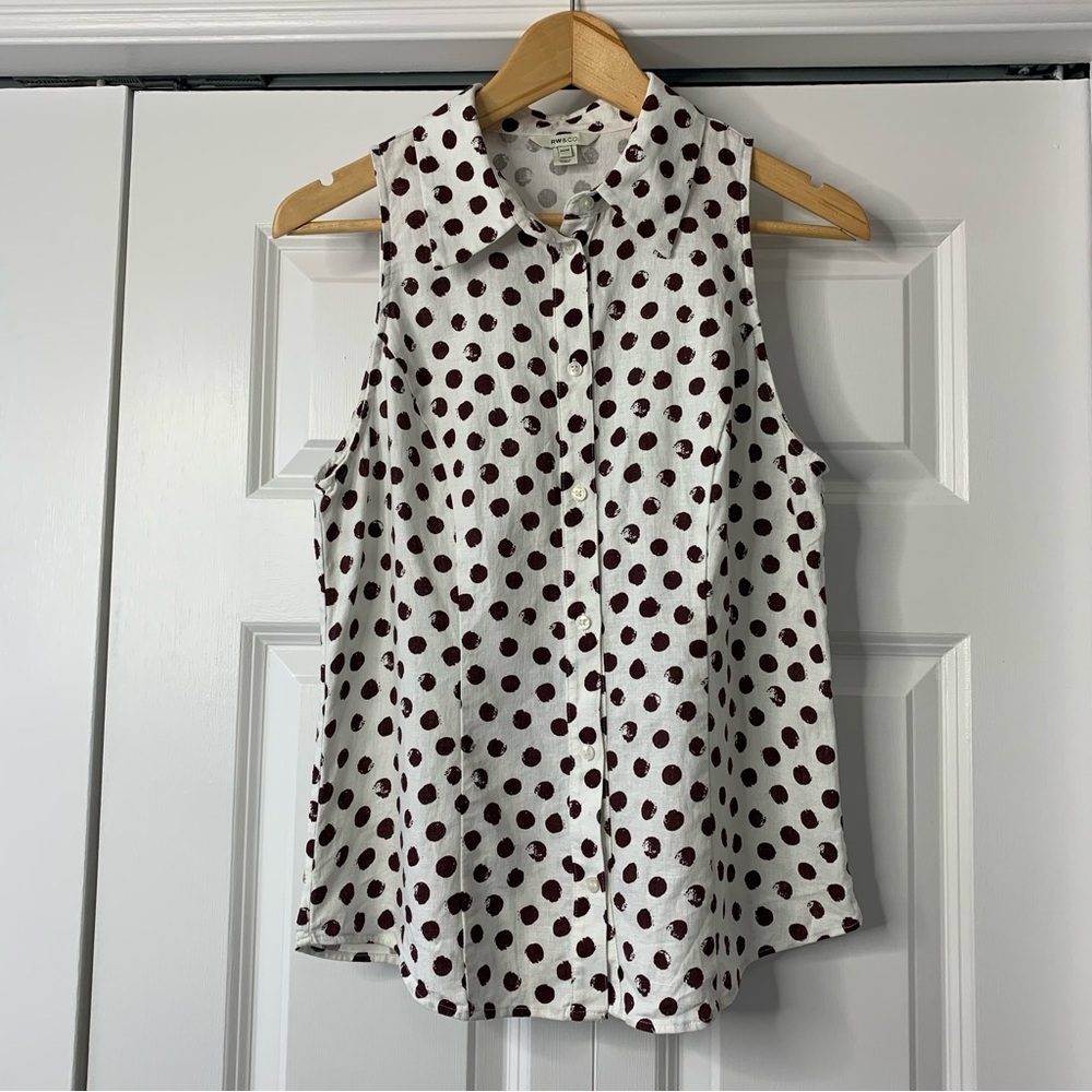 RW&CO. White and Brown Linen Blend Polka Dot Sleeveless Shirt Size US M